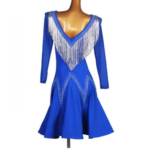 Royal blue tube fringed Latin Dance dress for women latin competition Performance Costume Lombard Chacha Samba Jitterba Competition latin dance Dresses with diamond